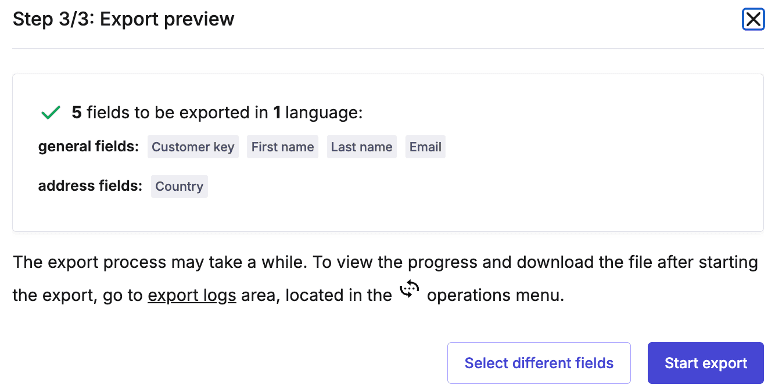 The export wizard step where you select which Customer fields to include before confirming the export.