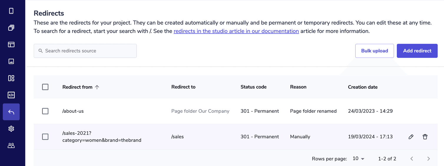 The Edit and Delete icons displayed by holding the pointer over the redirect