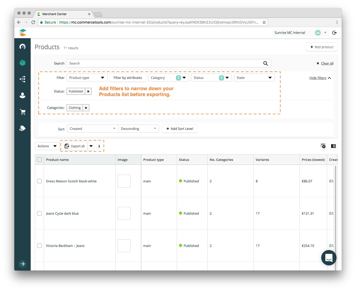 Export a filtered list of Products.